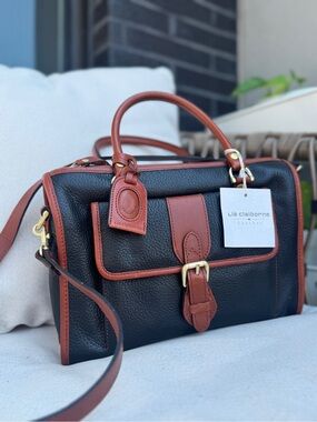 NEW Liz Claiborne Black and Brown Leather Satchel with Buckle Accent